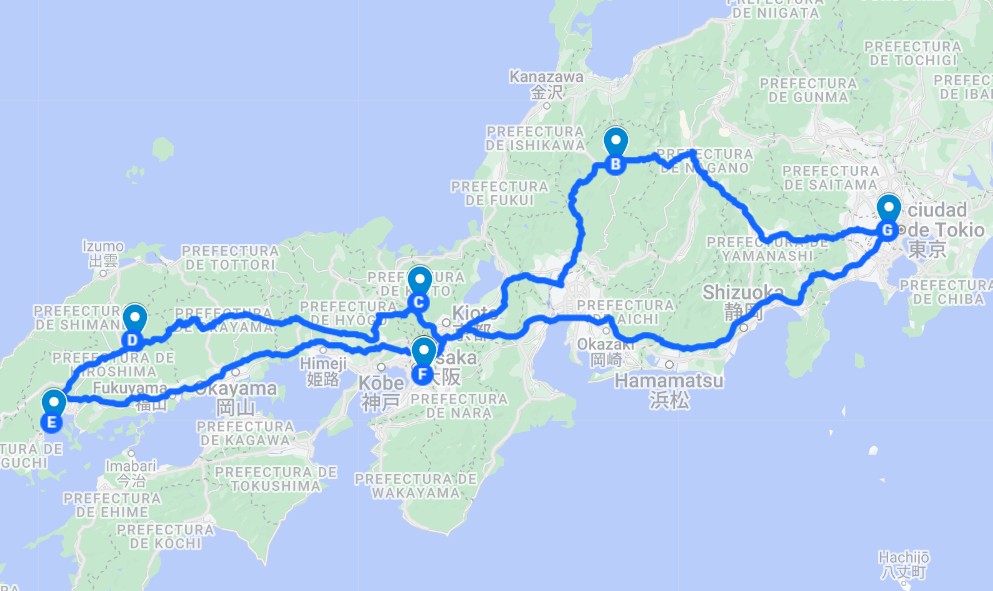 Mapa Viaje a Japón 15 días