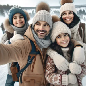 Familia de viaje por Laponia se hace un selfie con ropa de invierno adecuada para el frio de finlandia