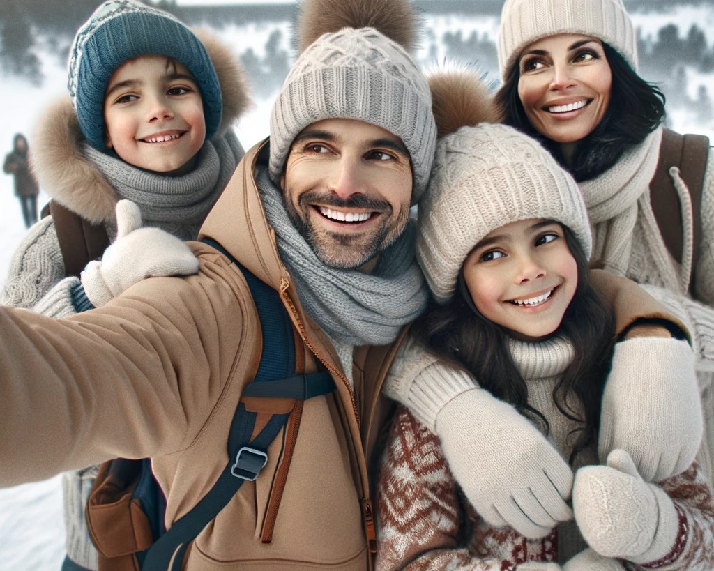 Familia de viaje por Laponia se hace un selfie con ropa de invierno adecuada para el frio de finlandia