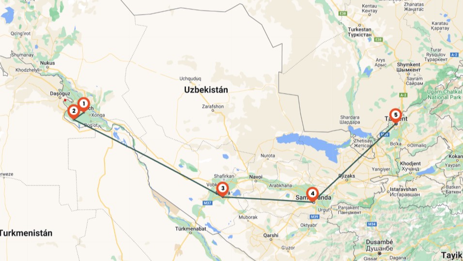Mapa del circuito Ruta de la Seda en Uzbekistan 9 días