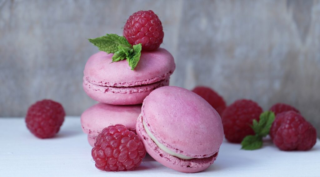 macarons, raspberries, pastries