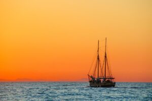 ship, sea, sunset, windjammer, masts, sailing masts, orange sky, seascape, ocean, vessel, dusk, twilight, sailing vessel, nature, boat, mediterranean, sail, sailing, afterglow, morning, sunrise