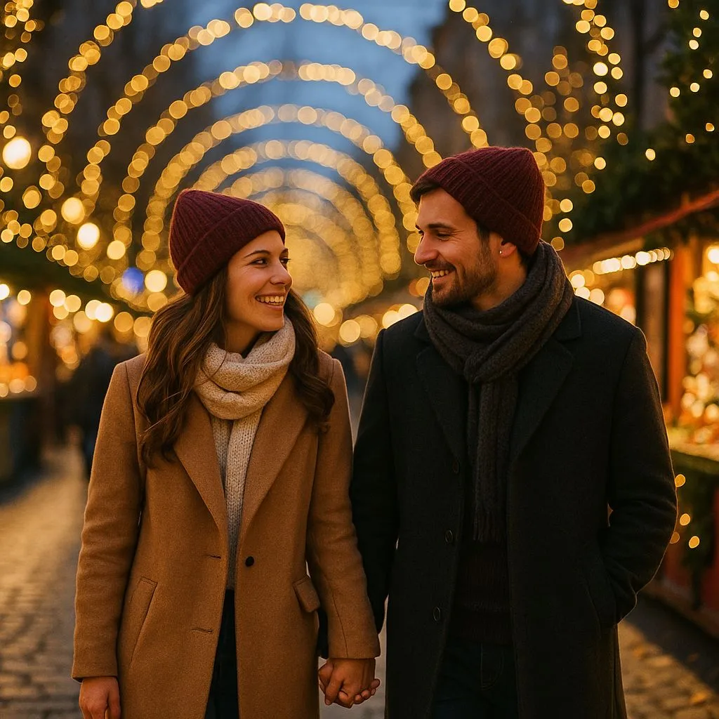 pareja viajando en Navidad entre luces y mercados navideños.