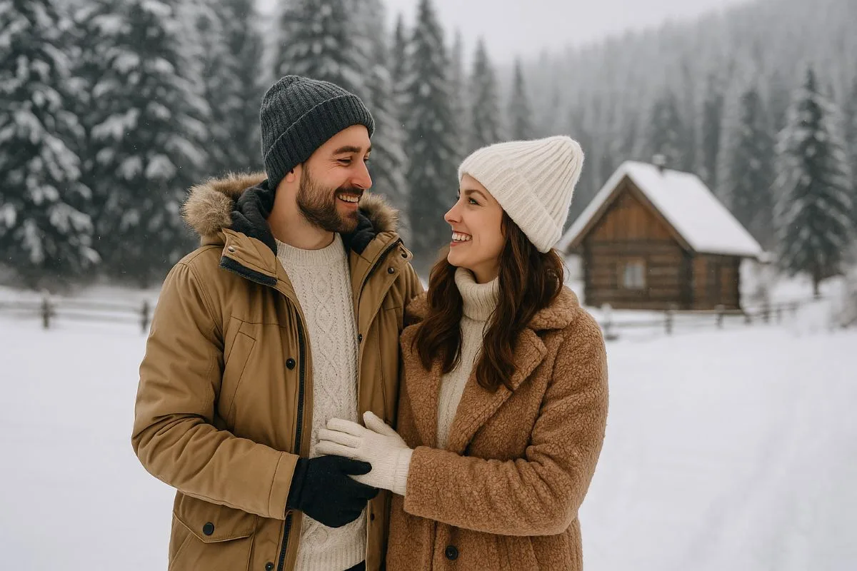 pareja disfrutando de un paisaje nevado frente a una cabaña de madera en Navidad