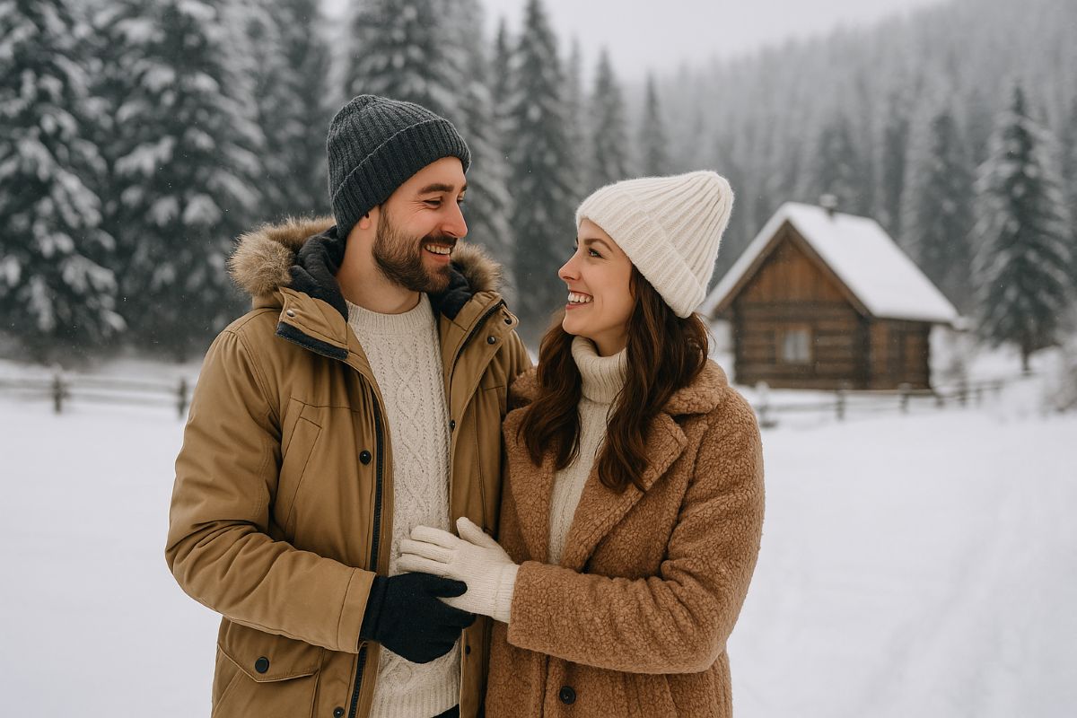 pareja disfrutando de un paisaje nevado frente a una cabaña de madera en Navidad