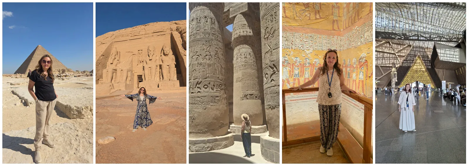 Irene Ávila delante de la Gran Pirámide de Guiza y en otros lugares de Egipto: el templo de Abu Simbel, la sala hipóstila de Karnak, una tumba decorada y el Gran Museo Egipcio